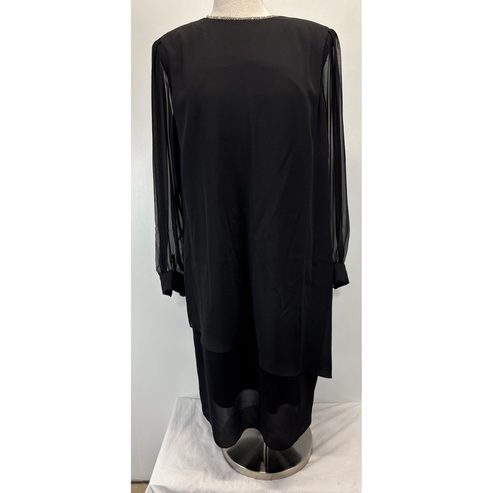 Vtg Patra Chiffon Shift Dress Sz 14 Women's Black Beaded Neck Sheer Sleeves USA